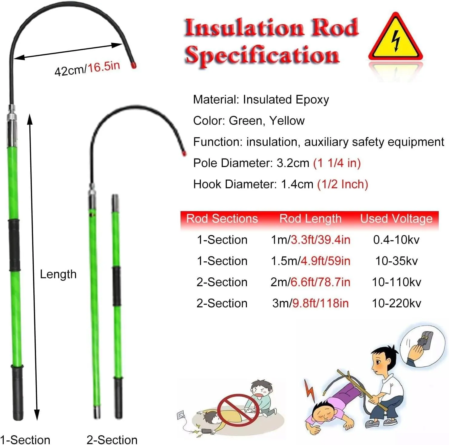 Electrical Safety Rescue Pole, High Voltage Tower Safety Insulation Pull Rod, High Voltage Emergency Rescue Tool, Anti Electric Shock Body Pull Hook, Suitable for Fire Electricians,2m