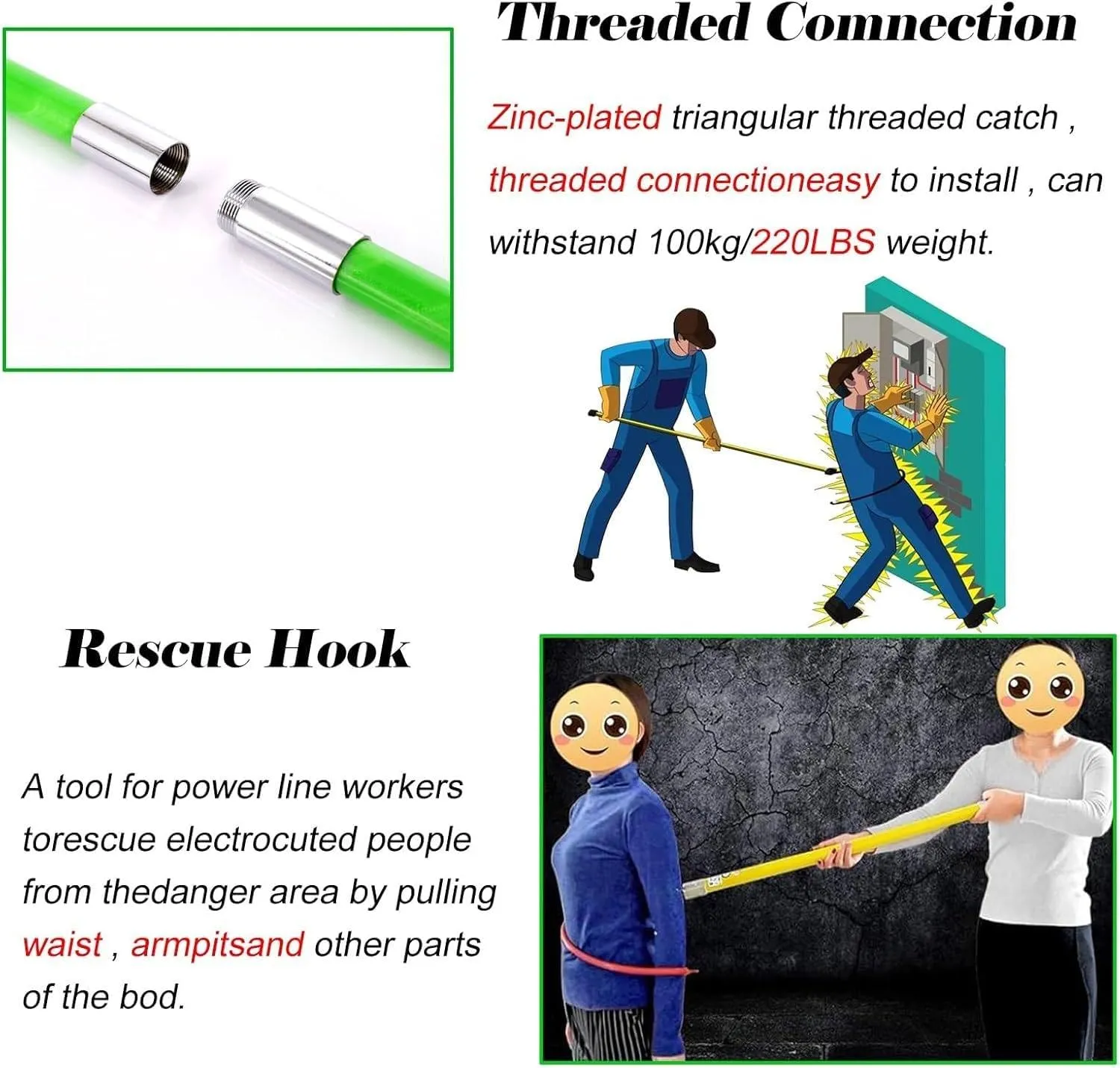 Electrical Safety Rescue Pole, High Voltage Tower Safety Insulation Pull Rod, High Voltage Emergency Rescue Tool, Anti Electric Shock Body Pull Hook, Suitable for Fire Electricians,2m