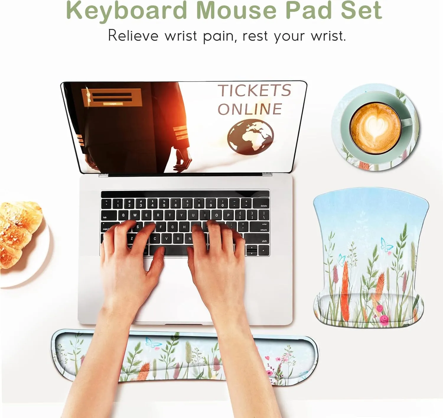 Ergonomic Mouse Pad with Wrist Support Gel, DINKY Upgraded Keyboard Wrist Rest Pad Set, Lovely Coaster with Non-Slip PU Base Mouse Pads for Working, Gaming and Family-Weeds Palnts