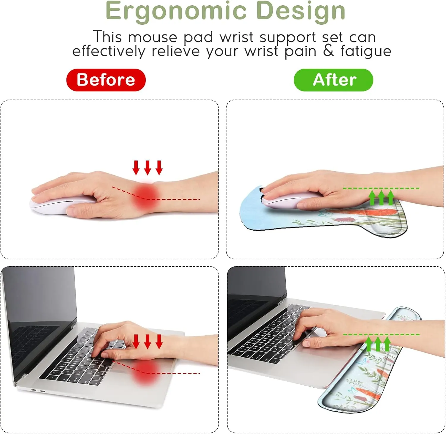 Ergonomic Mouse Pad with Wrist Support Gel, DINKY Upgraded Keyboard Wrist Rest Pad Set, Lovely Coaster with Non-Slip PU Base Mouse Pads for Working, Gaming and Family-Weeds Palnts