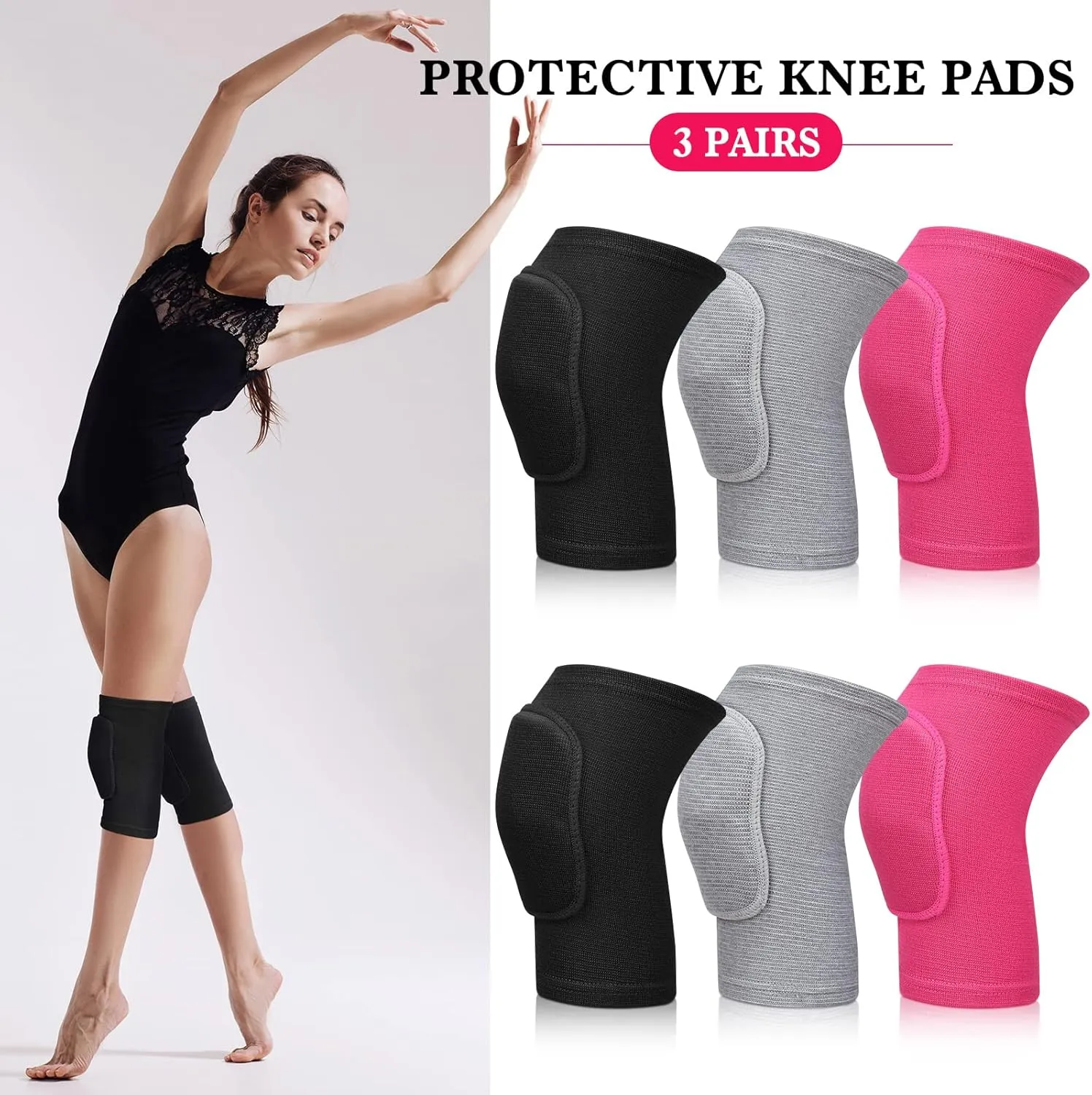 Eurzom 3 Pairs Dance Knee Pads Women Protective Non-Slip Knee Pads for Yoga Cheerleading Pole Floor Dance Volleyball