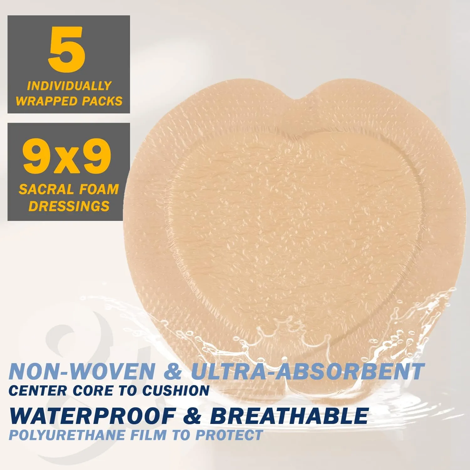 EVERLIT Sacrum Silicone Foam Dressing with Adhesive Border [Pack of 5] Absorbent Breathable Waterproof Sacral Bandage Pad for Bed Sore Pressure Ulcer Wound Dressing (9x9 inch)