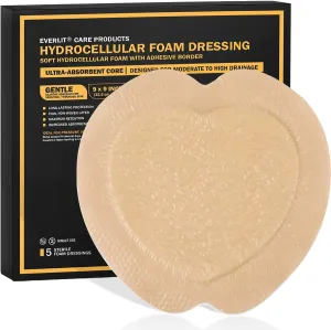 EVERLIT Sacrum Silicone Foam Dressing with Adhesive Border [Pack of 5] Absorbent Breathable Waterproof Sacral Bandage Pad for Bed Sore Pressure Ulcer Wound Dressing (9x9 inch)