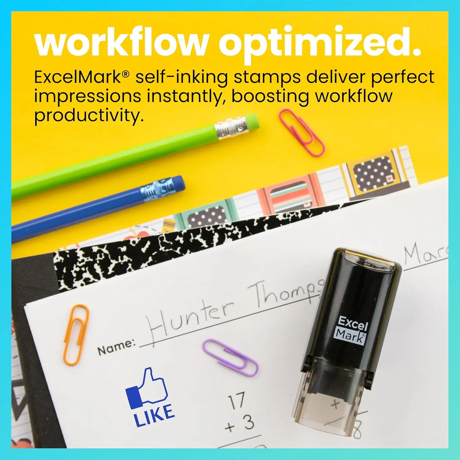 ExcelMark Thumbs Up Like - Self-Inking Round Rubber Teacher Stamp - Blue Ink