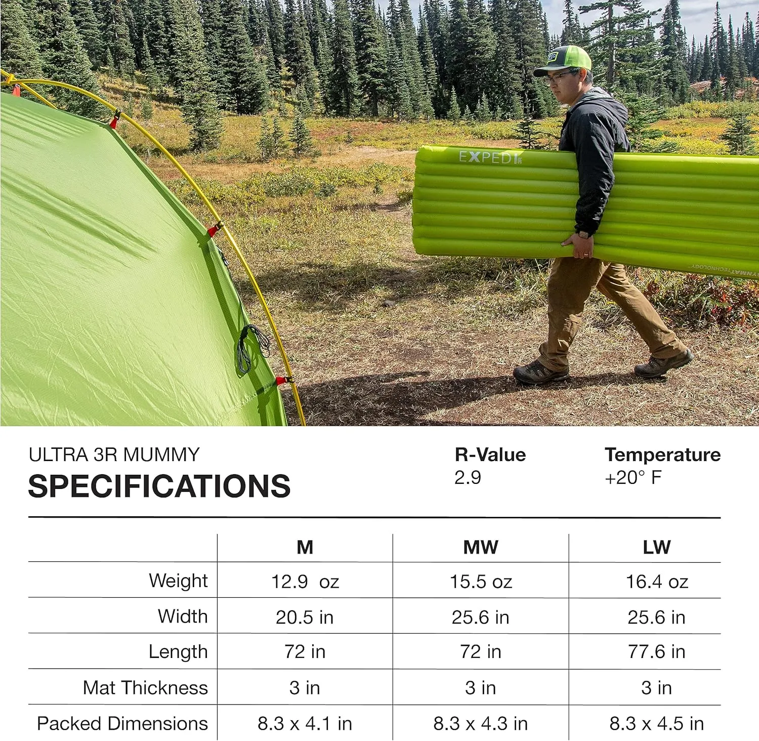 Exped Ultra Series: 1R, 3R, 5R, 7R Single & Duo - Lightweight Backpacking Mat - Packable and Comfortable - Sleeping Pad with Pumpbag for Self-Inflation