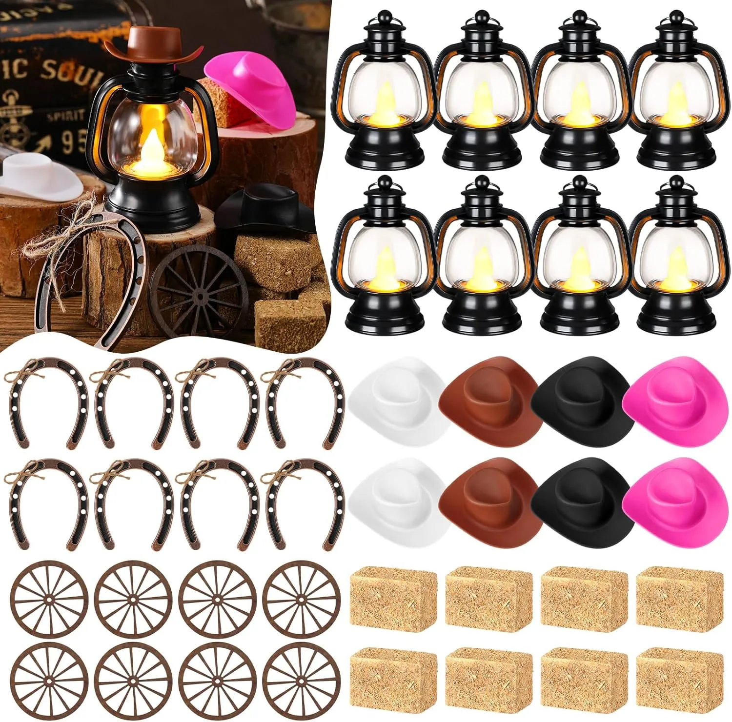Ferraycle 60 Pcs Cowboy Theme Party Decoration Western Party Decor Rodeo Table Centerpieces Rustic Country Mini Cowboy Hat Lantern Horseshoe Wagon Wheel Hay Bales for Adult Cowgirl (Multicolour)