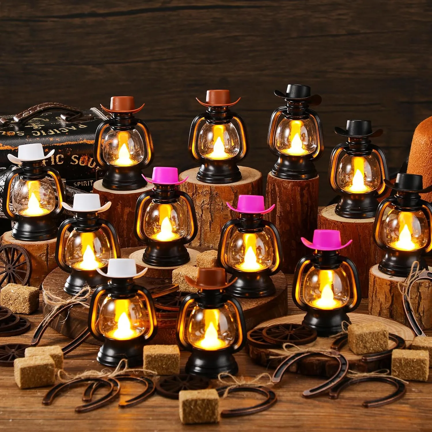 Ferraycle 60 Pcs Cowboy Theme Party Decoration Western Party Decor Rodeo Table Centerpieces Rustic Country Mini Cowboy Hat Lantern Horseshoe Wagon Wheel Hay Bales for Adult Cowgirl (Multicolour)