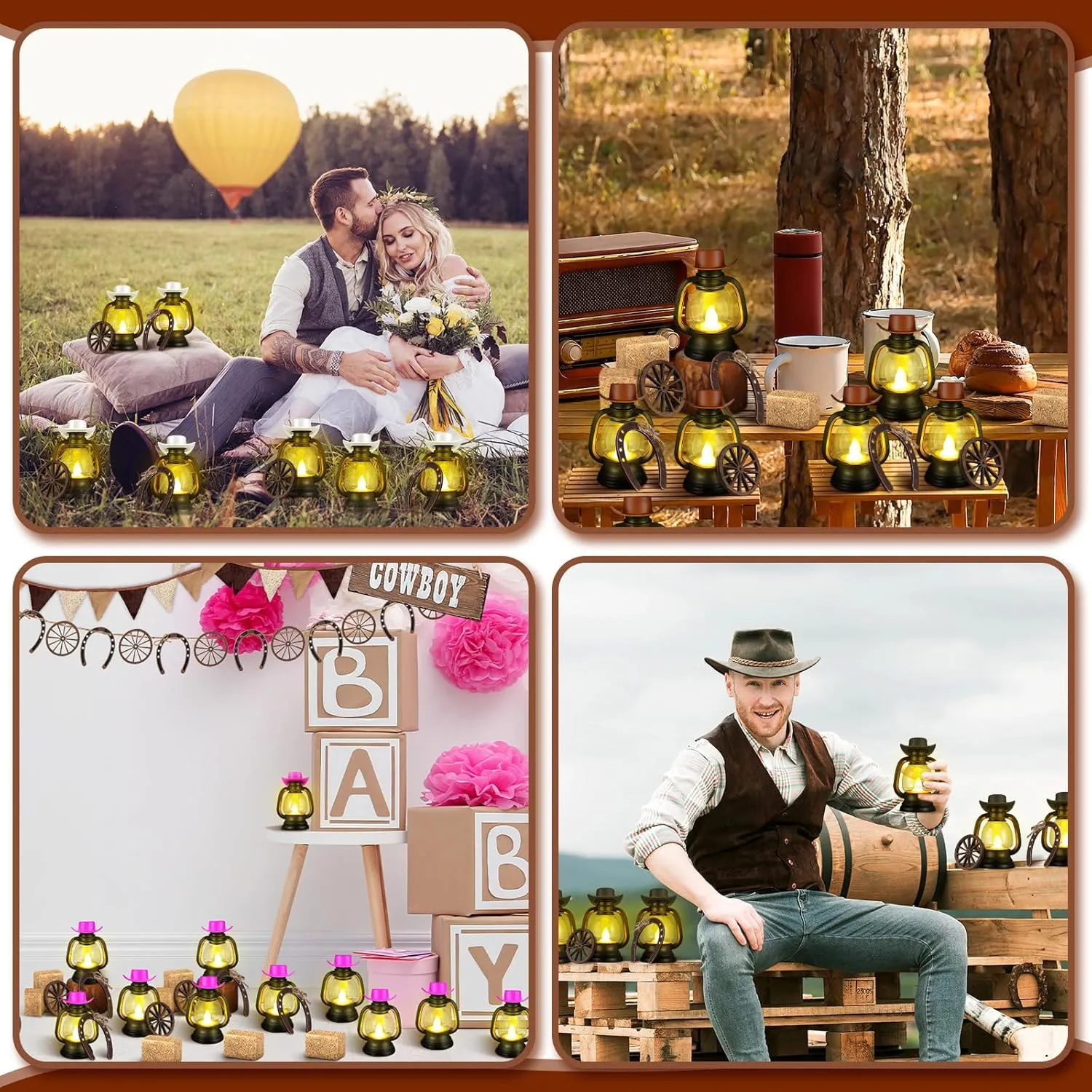 Ferraycle 60 Pcs Cowboy Theme Party Decoration Western Party Decor Rodeo Table Centerpieces Rustic Country Mini Cowboy Hat Lantern Horseshoe Wagon Wheel Hay Bales for Adult Cowgirl (Multicolour)