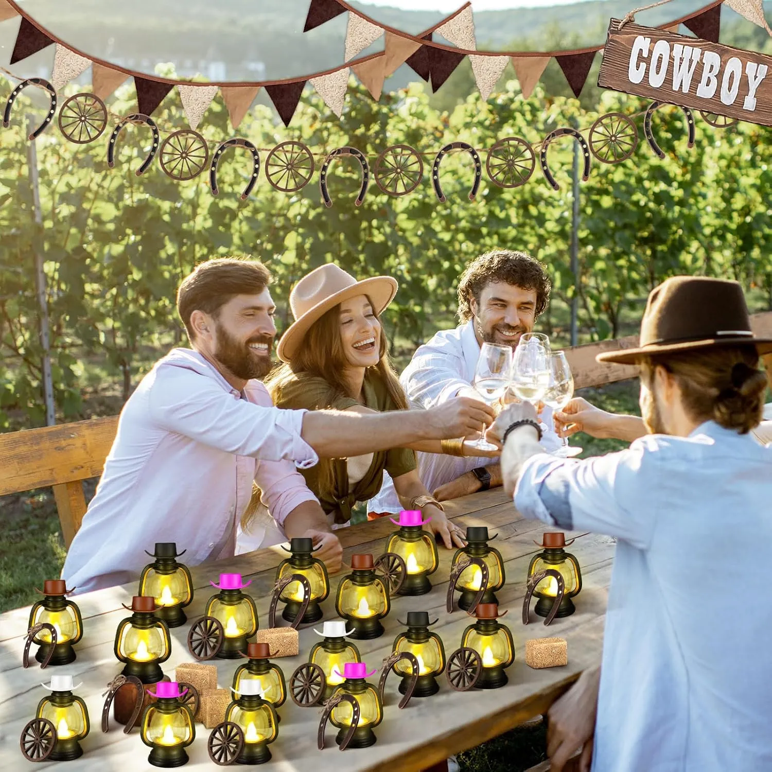 Ferraycle 60 Pcs Cowboy Theme Party Decoration Western Party Decor Rodeo Table Centerpieces Rustic Country Mini Cowboy Hat Lantern Horseshoe Wagon Wheel Hay Bales for Adult Cowgirl (Multicolour)