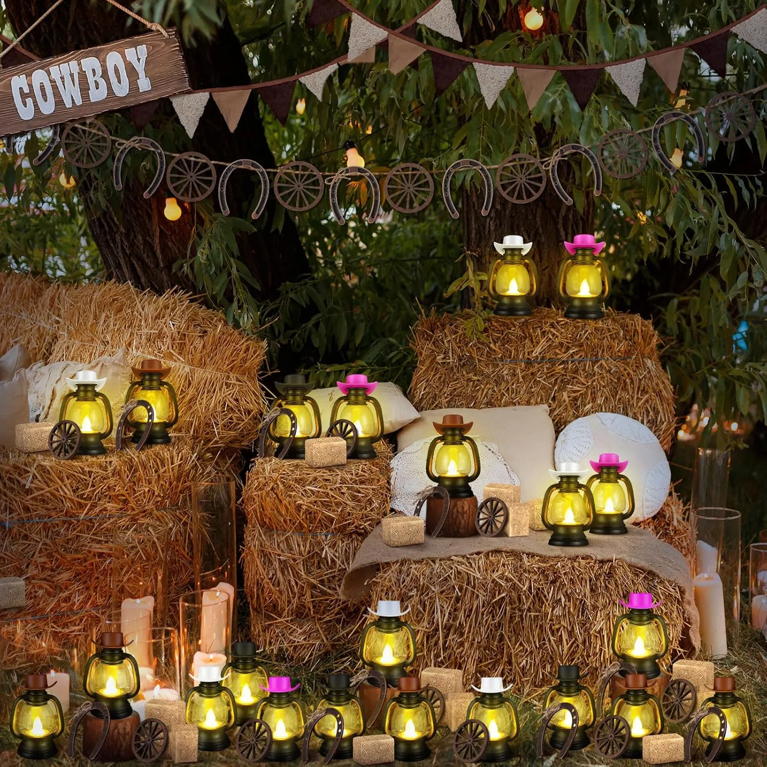 Ferraycle 60 Pcs Cowboy Theme Party Decoration Western Party Decor Rodeo Table Centerpieces Rustic Country Mini Cowboy Hat Lantern Horseshoe Wagon Wheel Hay Bales for Adult Cowgirl (Multicolour)