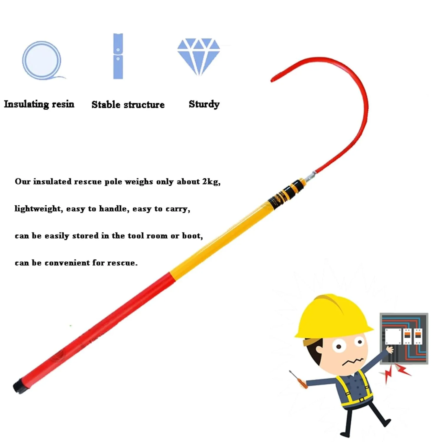 Fiberglass Anti-Electrocution Rescue Hook with Non-Slip Handle, Emergency Lifesaving Pole Pulling Man Hook Electrical Shock Safety Tools for Electrical Fire Power Work(2m/6.5ft -2 Sections)