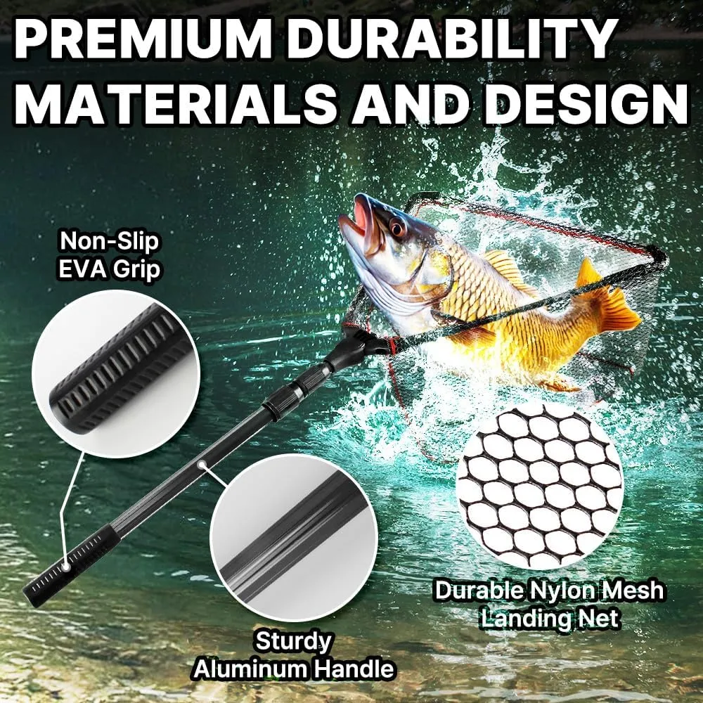 Fishing Landing Net Foldable and Collapsible Net with Telescopic Pole Handle Durable Nylon Mesh for Freshwater and Saltwater Perfect for Bass Trout and Catfish