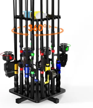 Fishing Rod Holders for Garage, 360° Rotating Vertical Fishing Rod Rack, Metal Fishing Pole Stand Holds 16 Rods, Fishing Gear Equipment Storage Organizer for Ground, Fishing Gifts for Men
