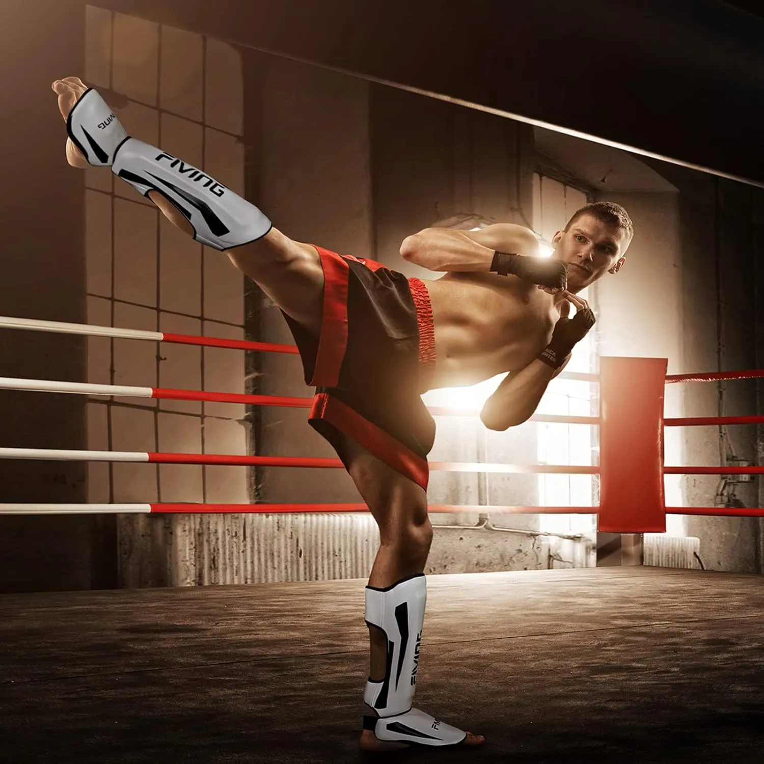 FIVING MMA Martial Arts Shin Guards – Padded, Adjustable Muay Thai Leg Guards with Instep Protection for Kickboxing/MMA Training and Sparring – Durable, Professional MMA Equipment