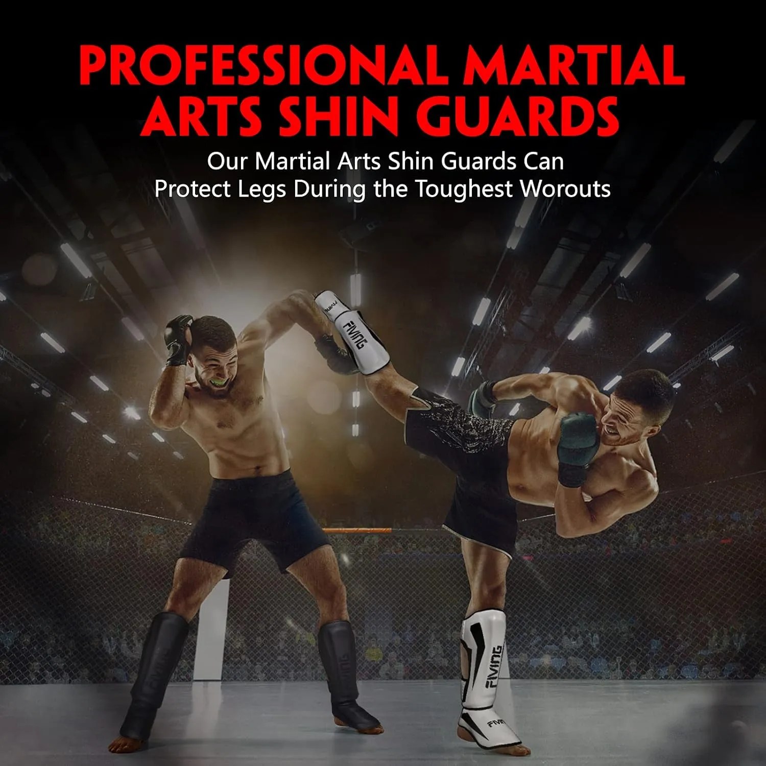 FIVING MMA Martial Arts Shin Guards – Padded, Adjustable Muay Thai Leg Guards with Instep Protection for Kickboxing/MMA Training and Sparring – Durable, Professional MMA Equipment