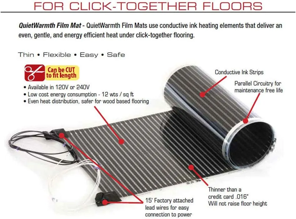 Float QWARM1.5X5F120 Radiant Floor Heating Mat for Below Laminate, Wood, Luxury Vinyl Floating Flooring- Cuttable Mat Size 1.5'x5' 120 Volt (Covers 7.5sf)