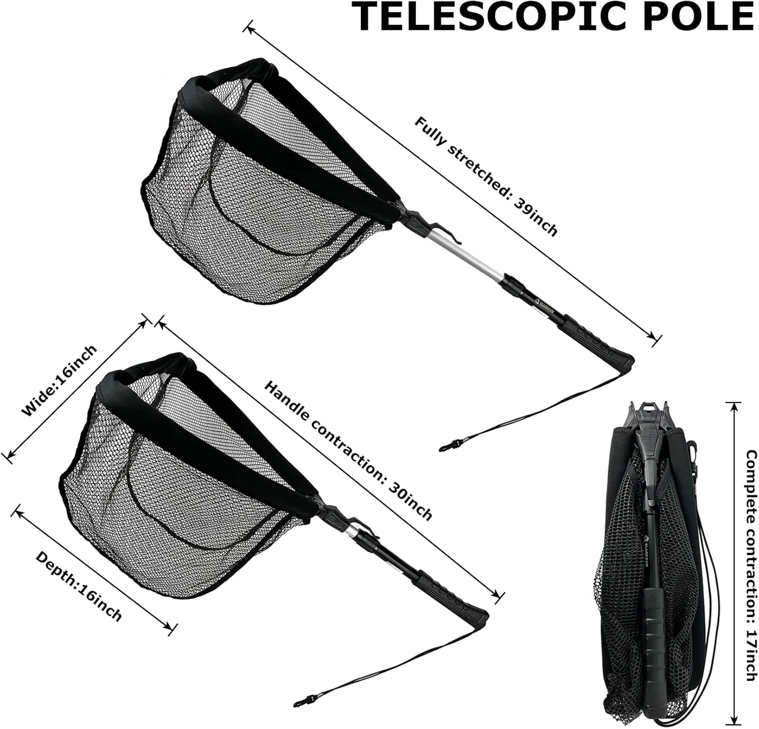 Floating Fishing Net, Fish Landing Net with 360 Degree Adjustable Mesh Head, Foldable Fishing Net Built in Length Scale, Fly Fishing net with Auxiliary Handle, Rubber Coated Net for Trout