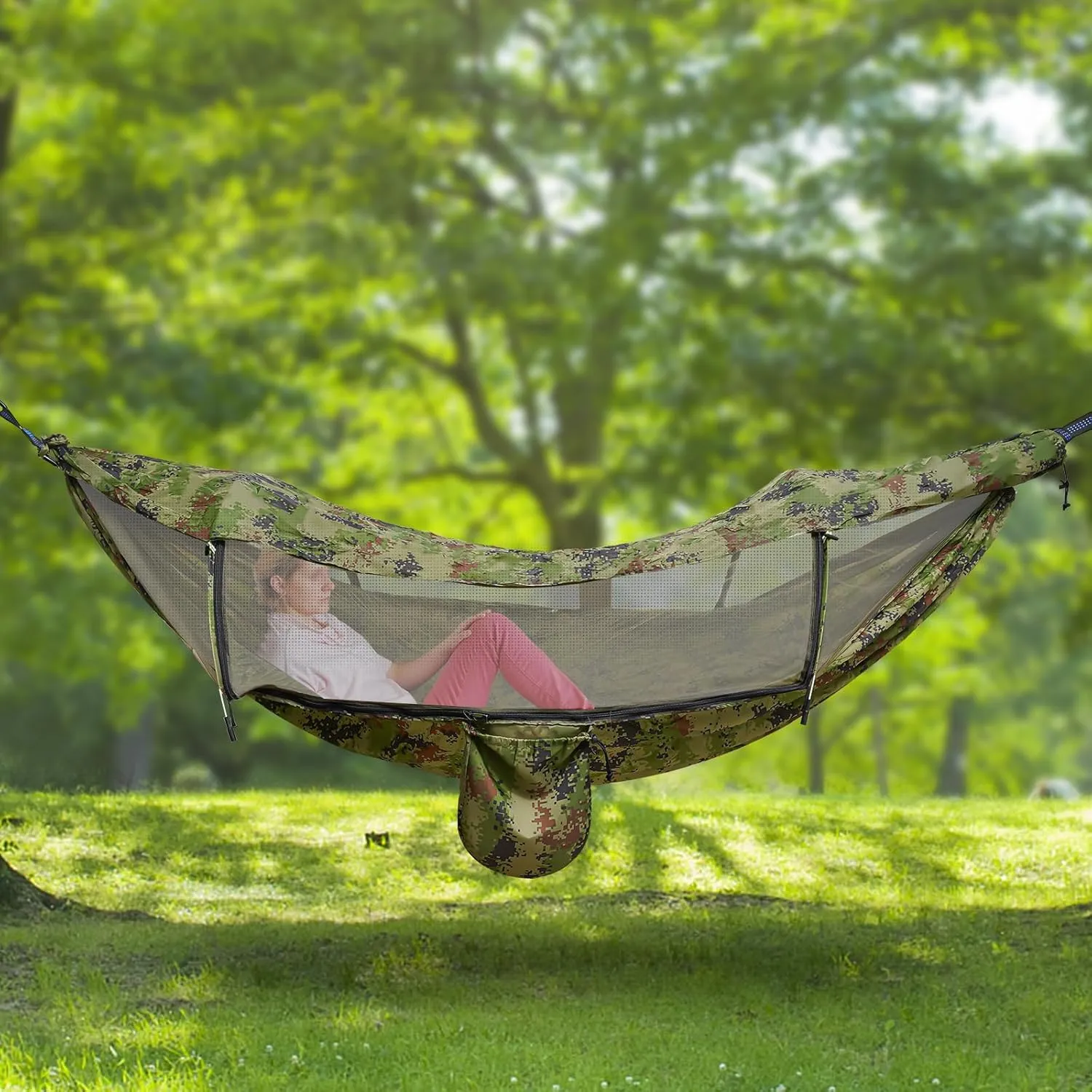 Foldable Camping Hammock, Portable Double & Single Hammock with Mosquito Net and 2 Tree Straps, Anti-Mosquito and Anti-Sun Camping Hammock for Outside Hiking Camping Beach Backpack Travel