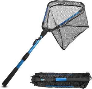 Folding Fishing Landing Net, Collapsible Fishing Nets with Telescopic Pole Handle Rubber Floating Fishing Net for Kayak Boat Saltwater Freshwater Safe Fish Catching or Releasing