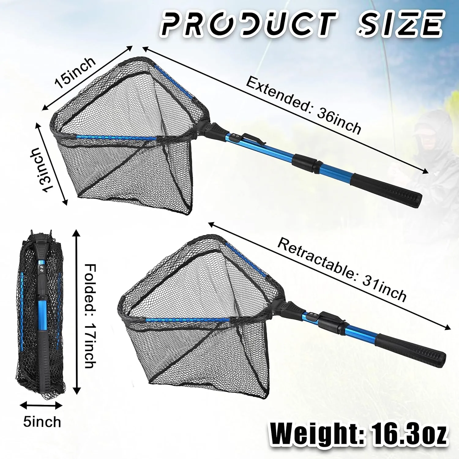 Folding Fishing Landing Net, Collapsible Fishing Nets with Telescopic Pole Handle Rubber Floating Fishing Net for Kayak Boat Saltwater Freshwater Safe Fish Catching or Releasing
