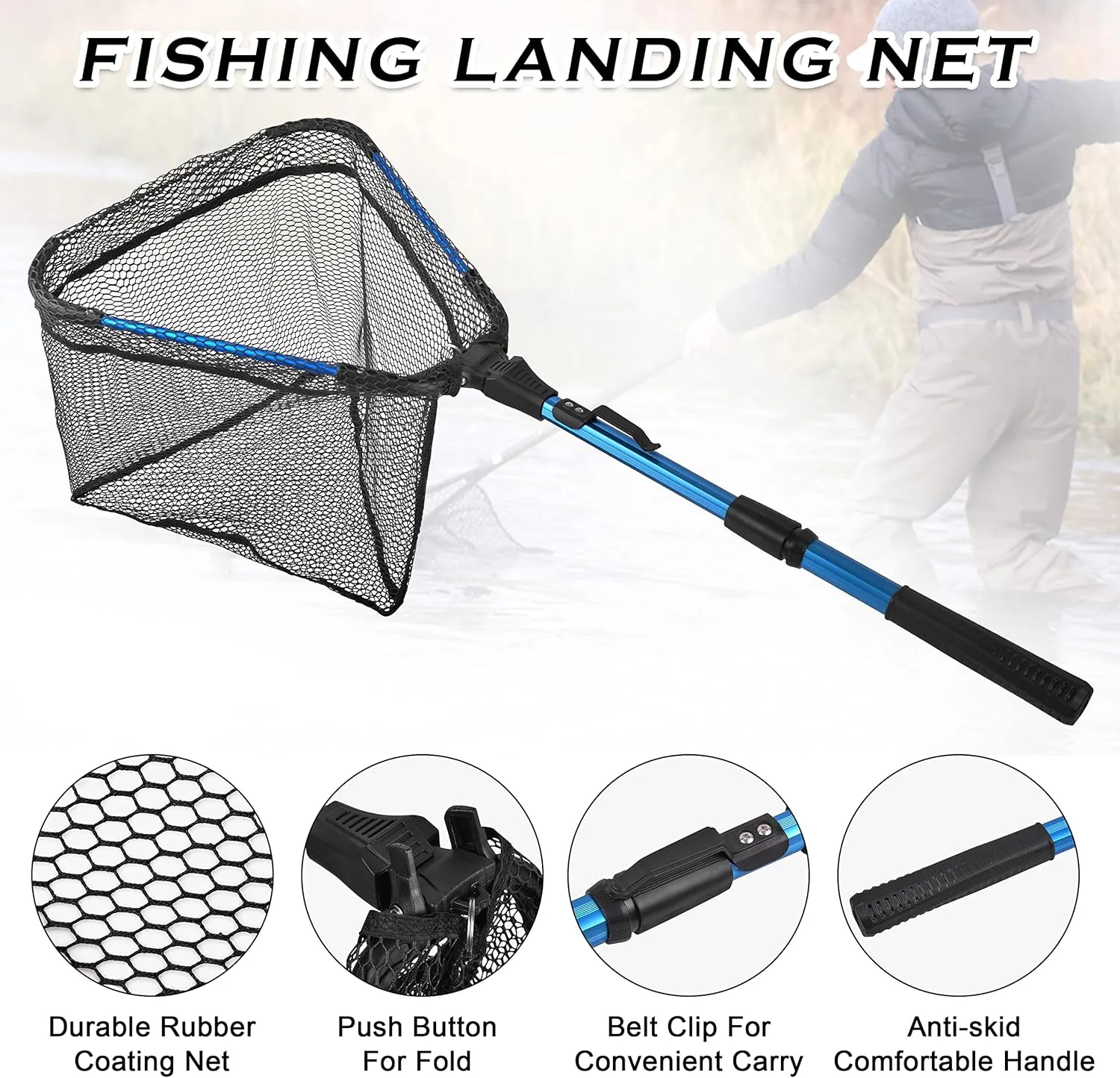 Folding Fishing Landing Net, Collapsible Fishing Nets with Telescopic Pole Handle Rubber Floating Fishing Net for Kayak Boat Saltwater Freshwater Safe Fish Catching or Releasing