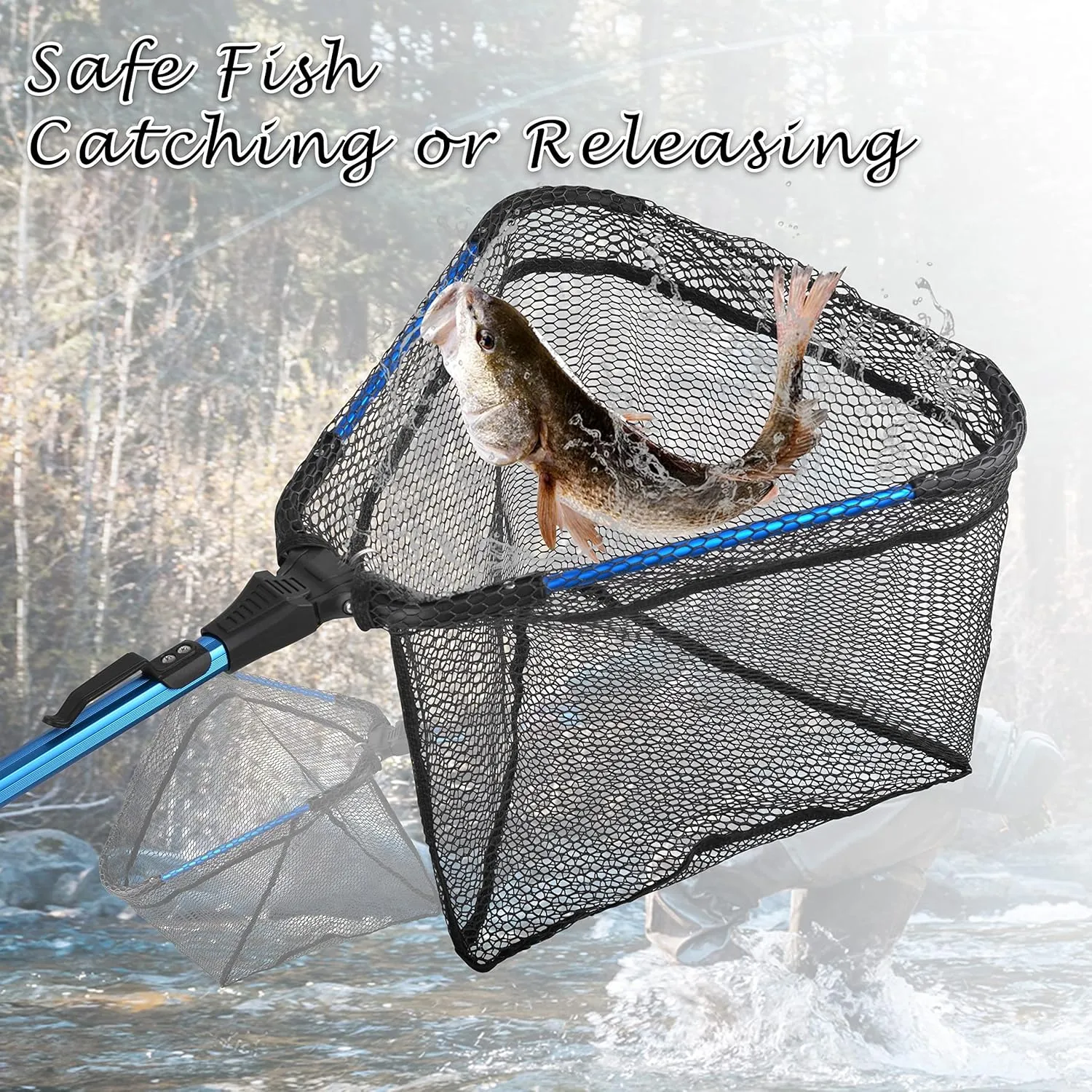 Folding Fishing Landing Net, Collapsible Fishing Nets with Telescopic Pole Handle Rubber Floating Fishing Net for Kayak Boat Saltwater Freshwater Safe Fish Catching or Releasing