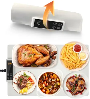 Food Warming Mat, Fast Full Surface Electric Warming Tray with 6 Level Adjustable Temperature and 5 Hours Timer, Portable Folding Hot Plate for Family Party(Creamy White)