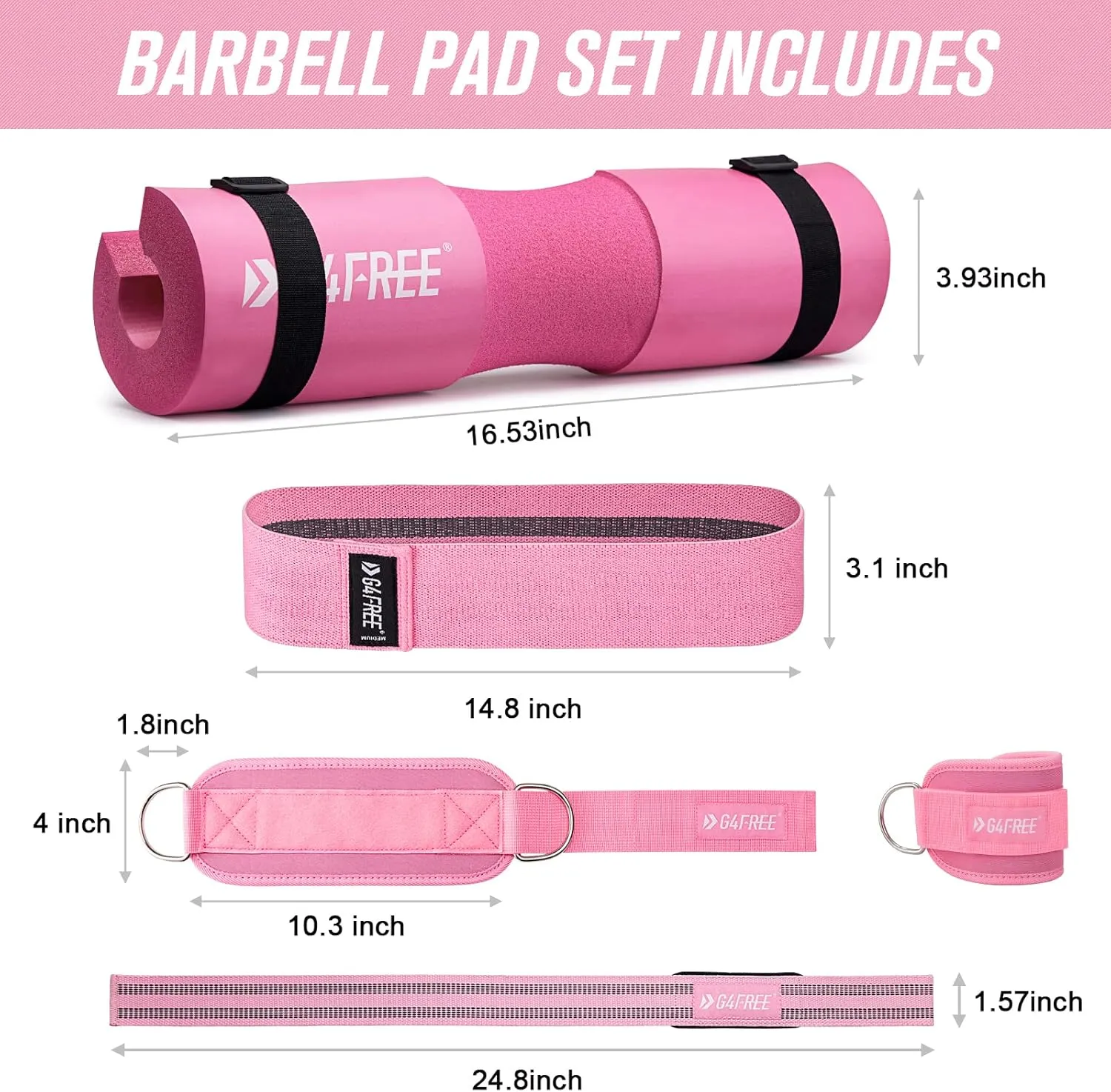 G4Free 9Pcs Barbell Pad Set for Squat, Hip Thrusts, Lunges, Leg day, Standard Olympic Bars with 2 Gym Ankle Safety Straps, 3 Hip Resistance Bands, 2 Lifting Strap, Barbell Pad, and Carry Bag