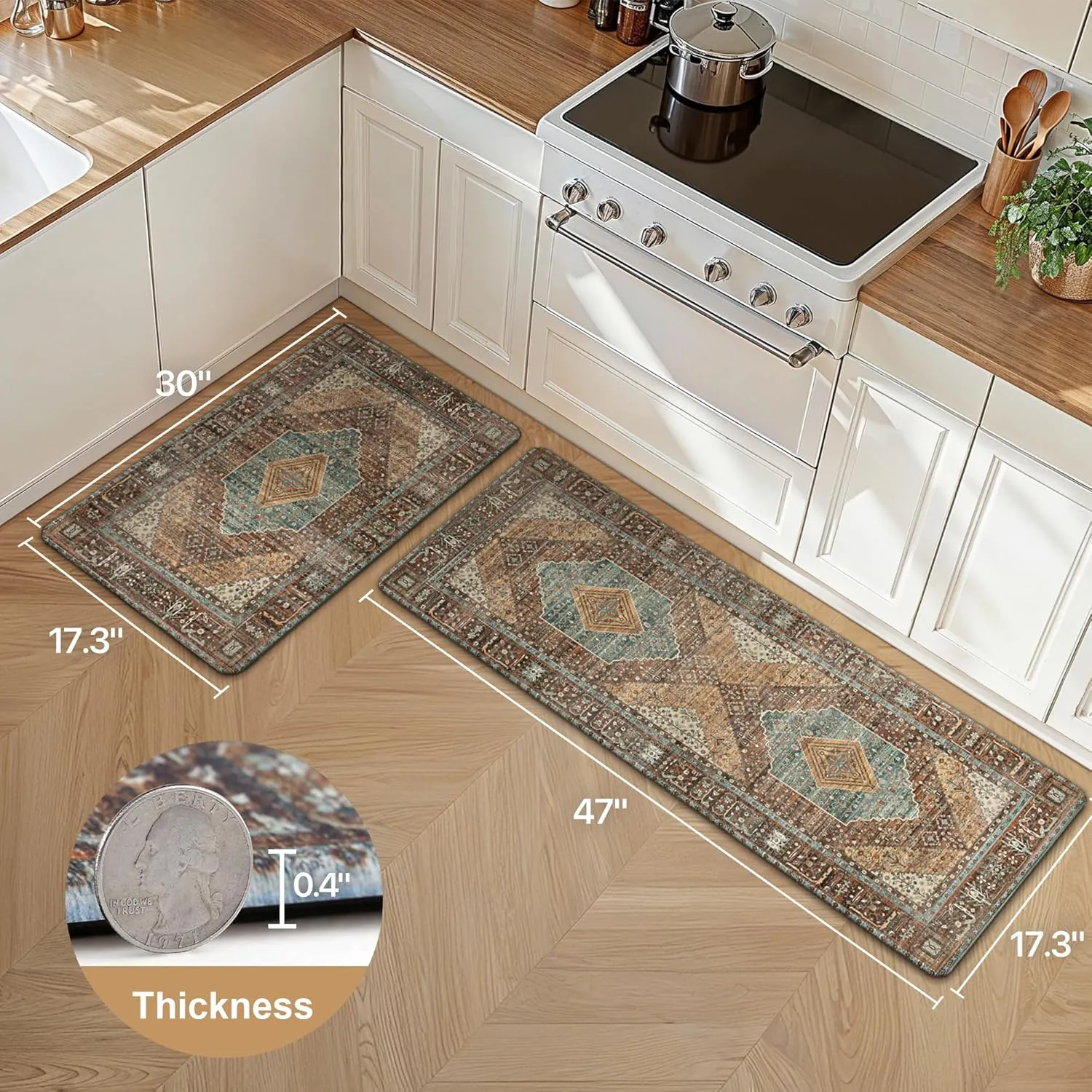 GENIMO Kitchen Rugs, 2Pcs Kitchen Mats, Cushioned Anti Fatigue Kitchen Mats for Floor, Non-Slip Waterproof Standing Kitchen Rug for Sink, Office, Laundry, Home, 17.3"×30" 17.3"×47", Brick