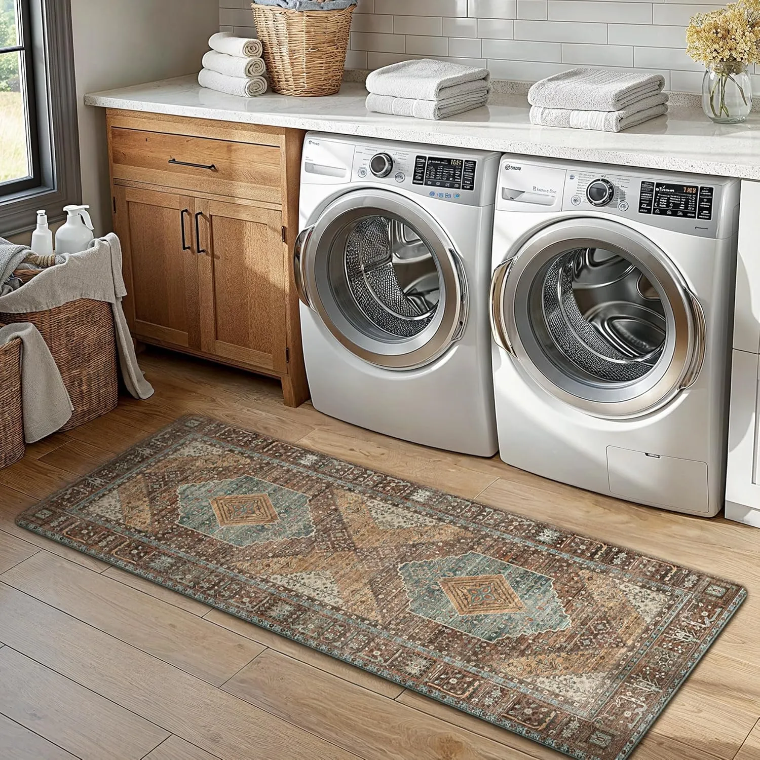 GENIMO Kitchen Rugs, 2Pcs Kitchen Mats, Cushioned Anti Fatigue Kitchen Mats for Floor, Non-Slip Waterproof Standing Kitchen Rug for Sink, Office, Laundry, Home, 17.3"×30" 17.3"×47", Brick