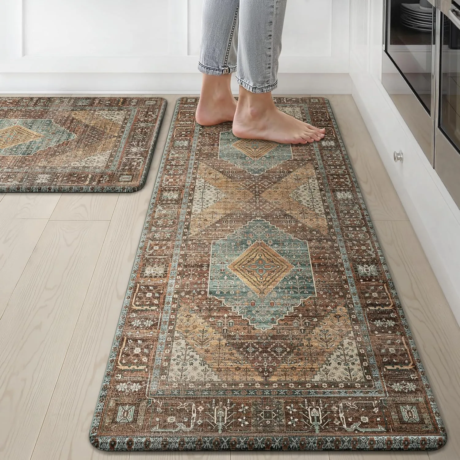 GENIMO Kitchen Rugs, 2Pcs Kitchen Mats, Cushioned Anti Fatigue Kitchen Mats for Floor, Non-Slip Waterproof Standing Kitchen Rug for Sink, Office, Laundry, Home, 17.3"×30" 17.3"×47", Brick