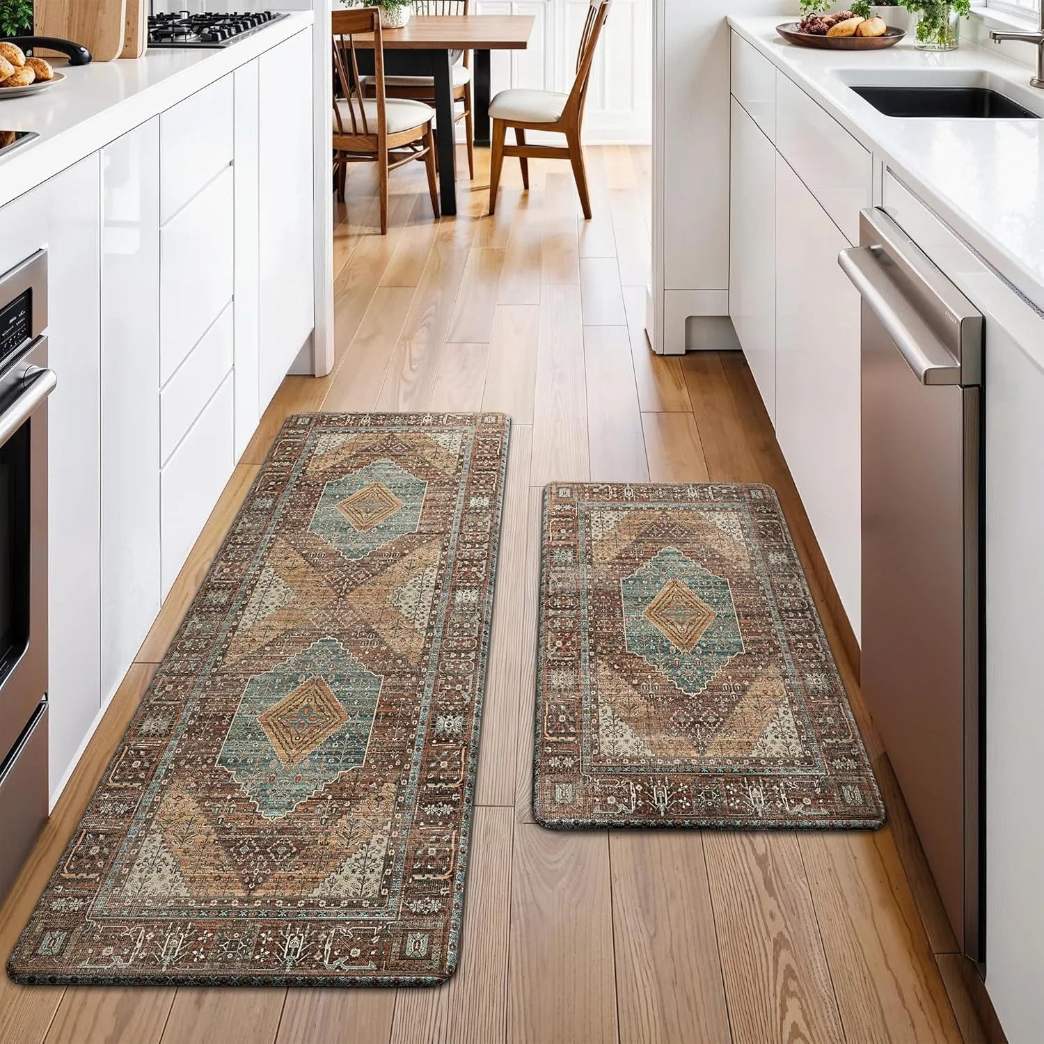 GENIMO Kitchen Rugs, 2Pcs Kitchen Mats, Cushioned Anti Fatigue Kitchen Mats for Floor, Non-Slip Waterproof Standing Kitchen Rug for Sink, Office, Laundry, Home, 17.3"×30" 17.3"×47", Brick
