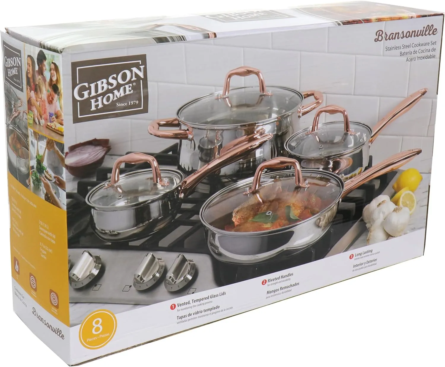 Gibson Home Bransonville 8 Piece Stainless Steel Cookware Set in Chrome and Bronze
