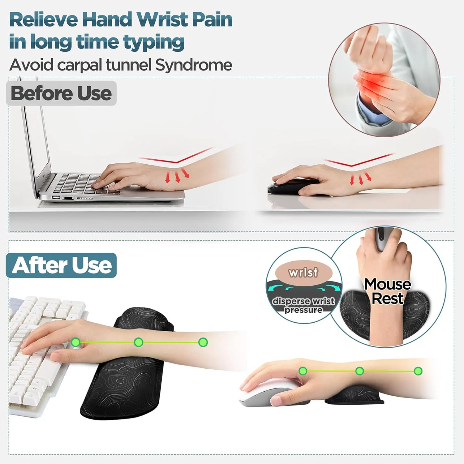 Gimars Upgrade Enlarge Silky Gel Memory Foam Wrist Rest for Computer Keyboard, Mouse, 3 PCS, Ergonomic Keyboard Wrist Rest for Typing Pain Relief, Mousepad Rests, Wrist Support, Office, Map Pattern