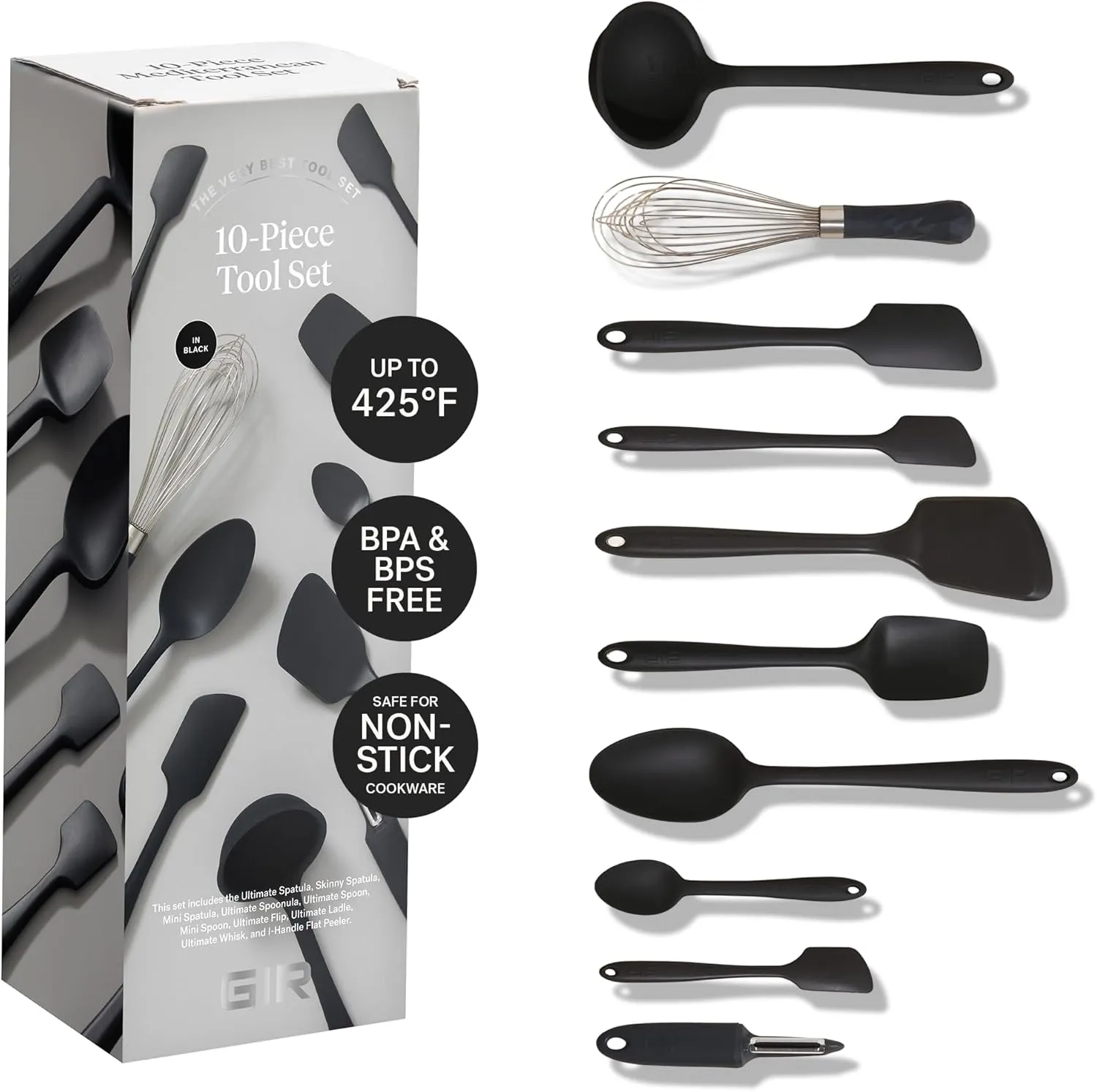 GIR: Get It Right 10 Piece Silicone Cooking Utensils Set - Ladle, Spatulas, Flip, Spoons, Whisk, Potato Peeler & Spoonula - Heat Resistant & Dishwasher Safe - Black Kitchen Utensils Set