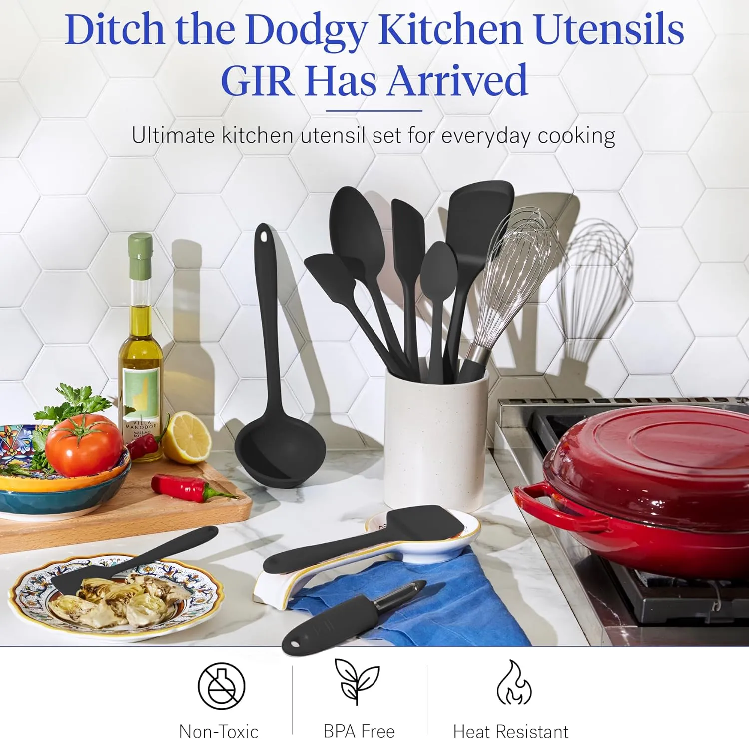 GIR: Get It Right 10 Piece Silicone Cooking Utensils Set - Ladle, Spatulas, Flip, Spoons, Whisk, Potato Peeler & Spoonula - Heat Resistant & Dishwasher Safe - Black Kitchen Utensils Set