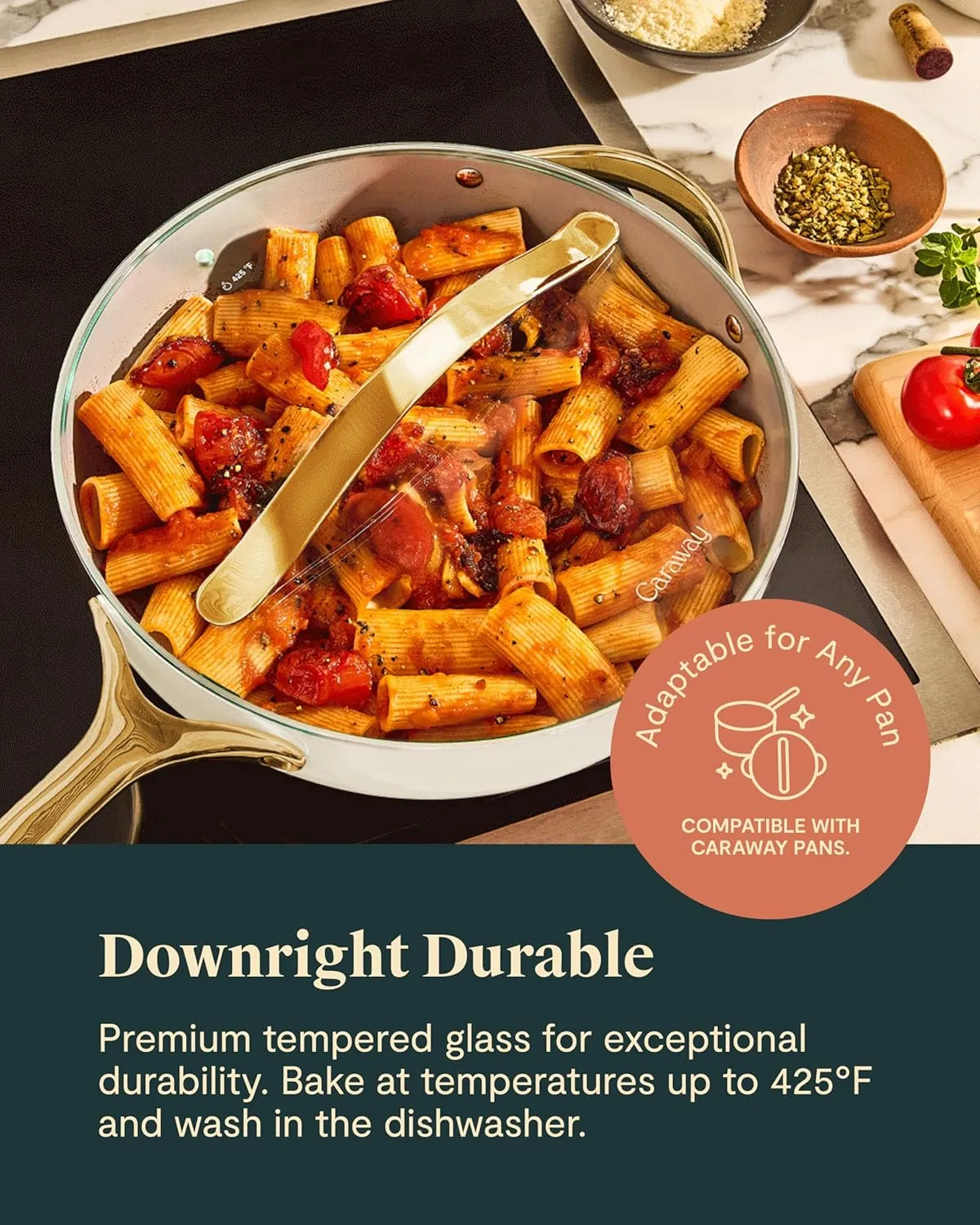 Glass 10.5" Glass Lid For Pots & Pans - Made With Tempered Glass - Sized to Fit Caraway Ceramic-Coated & Stainless Steel Cookware - Gold