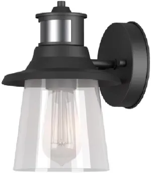 GLOBE Electric 32982 1-Light Motion Sensor Wall Sconce, Outdoor, Matte Black, Clear Seeded Glass Shade, 150 Degrees, 30ft. Range, Farmhouse, E26 Bulb, Porch Light, Weather Resistant