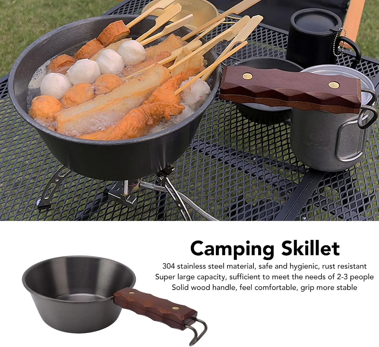 GLOGLOW Camping Skillet, Stainless Steel Camping Frying Pan Non Stick Camping Cookware Fry Pan for Backpacking Hiking Outdoor Cooking (Black)