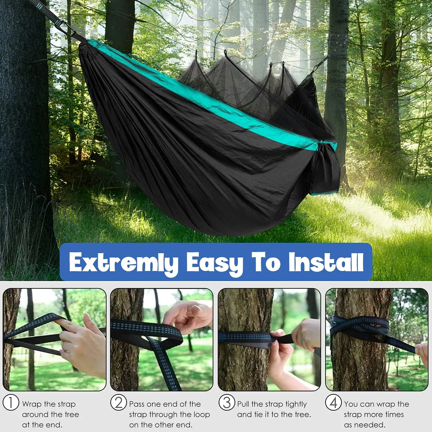 Gold Armour Camping Hammock - Camping Essentials, Double Hammock with Bug Net, Camping Gear Hammock for Outside, Hiking, and Travel (Black & Seafoam)