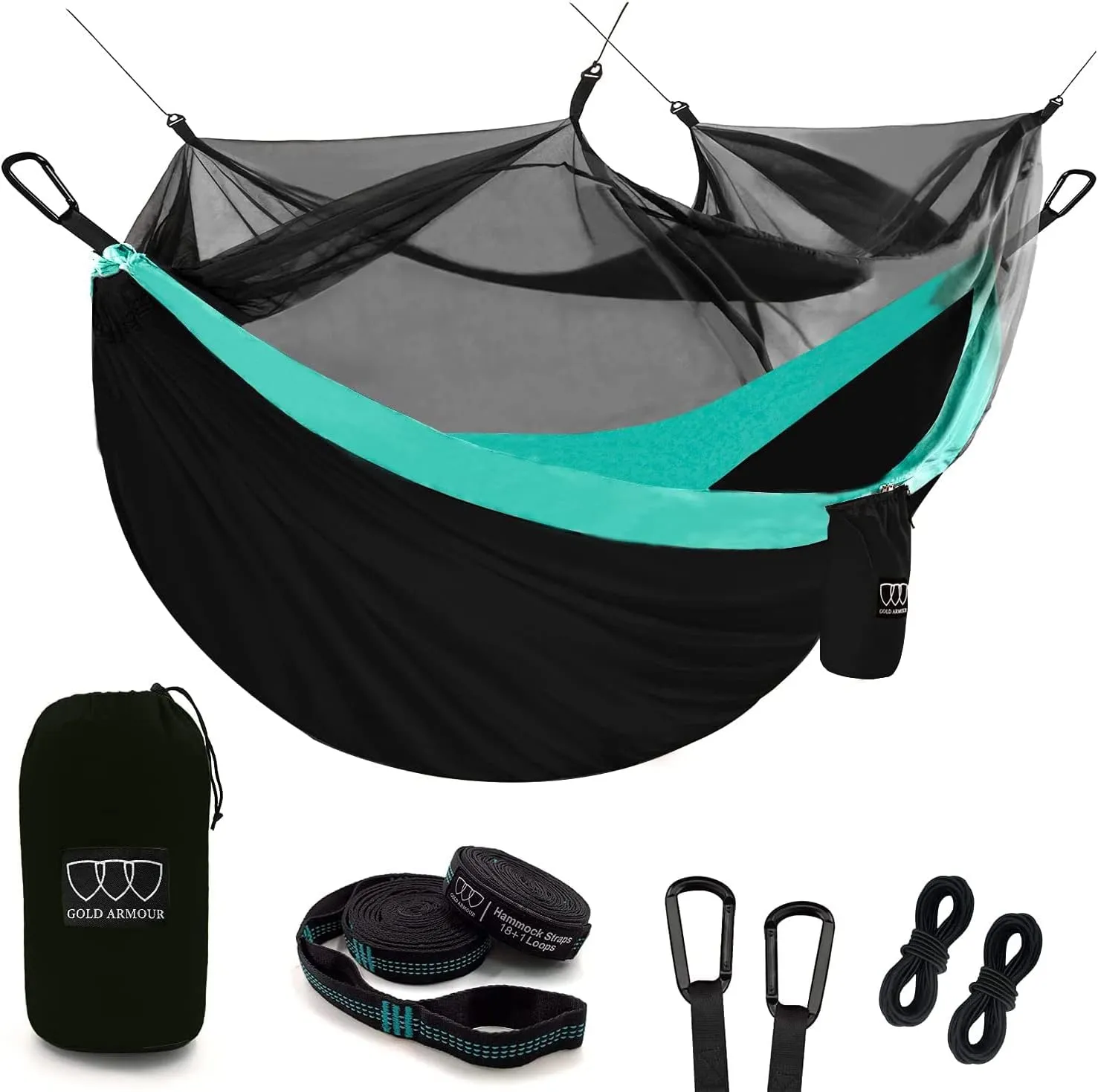 Gold Armour Camping Hammock - Camping Essentials, Double Hammock with Bug Net, Camping Gear Hammock for Outside, Hiking, and Travel (Black & Seafoam)