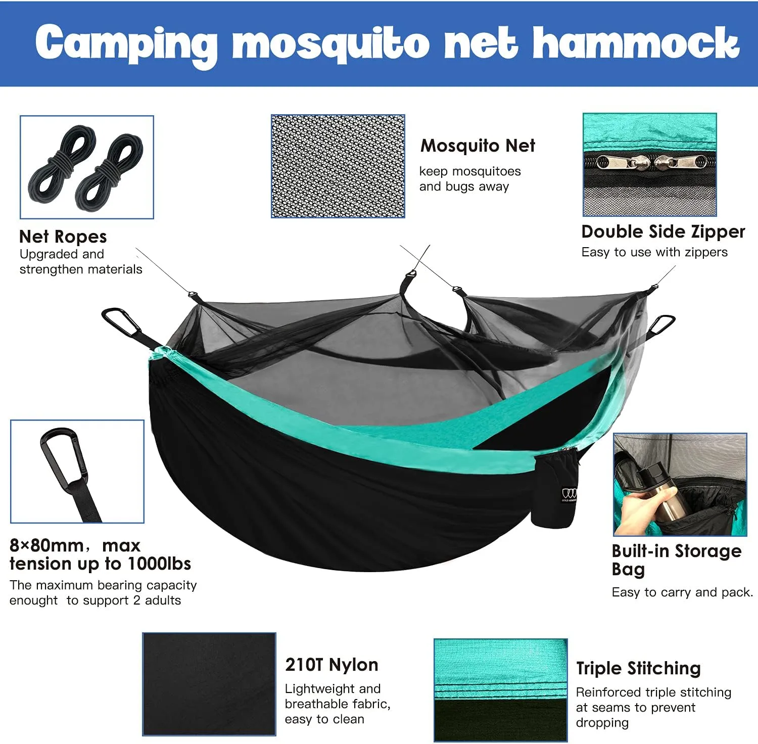 Gold Armour Camping Hammock - Camping Essentials, Double Hammock with Bug Net, Camping Gear Hammock for Outside, Hiking, and Travel (Black & Seafoam)