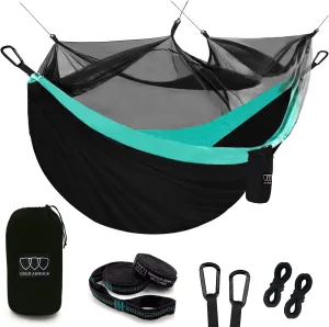 Gold Armour Camping Hammock - Camping Essentials, Double Hammock with Bug Net, Camping Gear Hammock for Outside, Hiking, and Travel (Black & Seafoam)