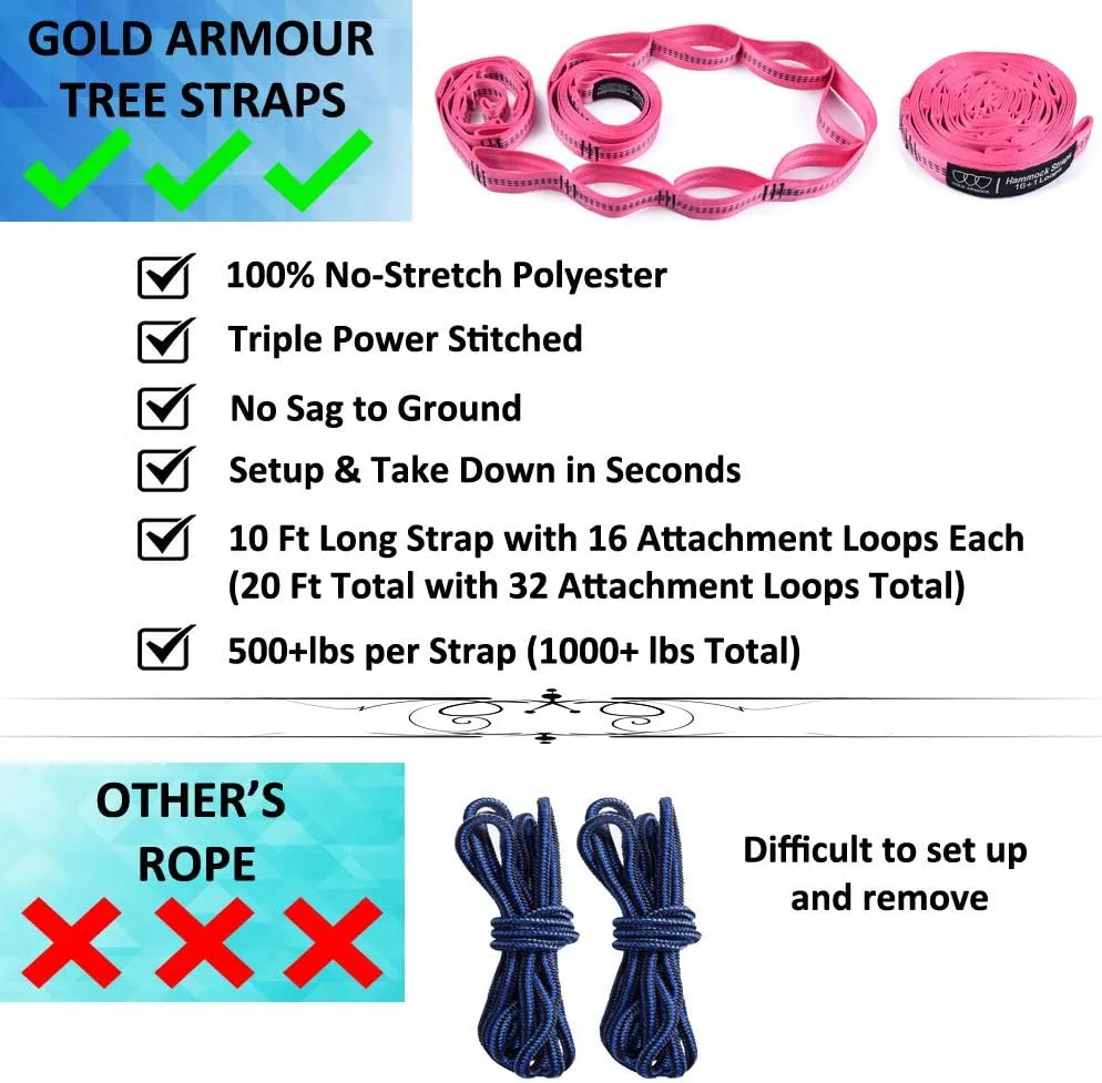 Gold Armour Camping Hammock - XL Double Hammock Portable Hammock Camping Accessories Gear for Outdoor Indoor with Tree Straps, USA Based Brand (Fuchsia and Pink)