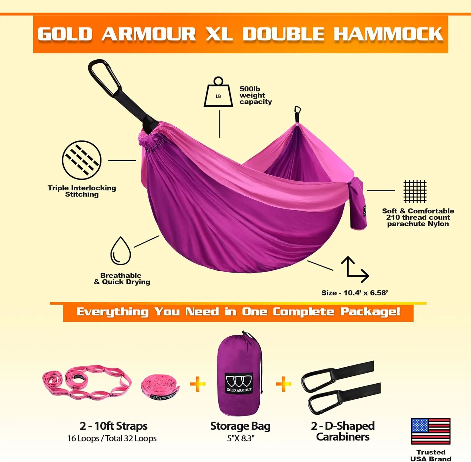 Gold Armour Camping Hammock - XL Double Hammock Portable Hammock Camping Accessories Gear for Outdoor Indoor with Tree Straps, USA Based Brand (Fuchsia and Pink)