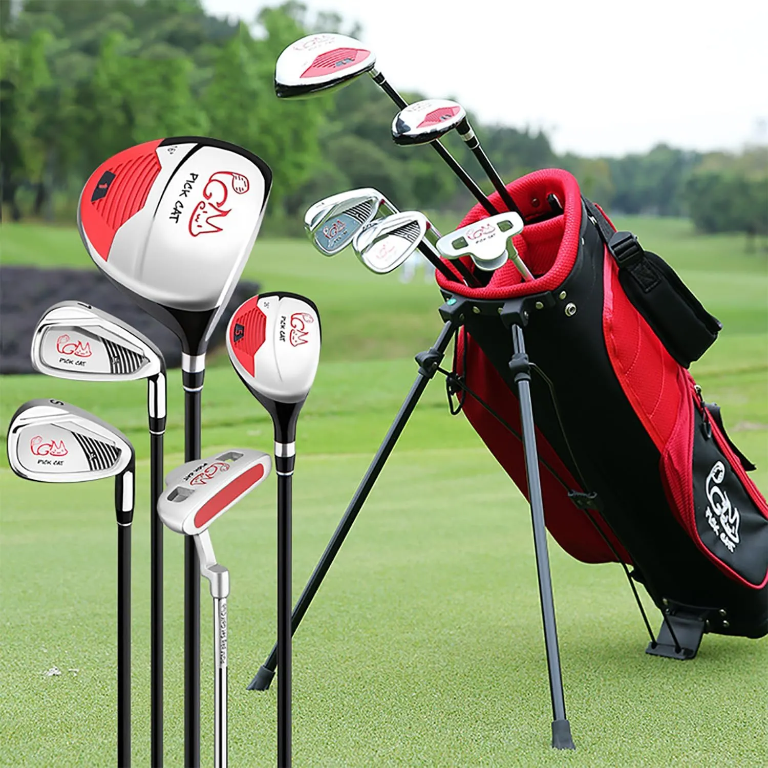 Golf Clubs Package Set, 5-Pack Golf Club Set for Beginners with Bracket Bag   Club Head Cover, Wide Impact Surface and Anti-Slip Shock Absorbing Grip, Low Center of Gravity Design for Child
