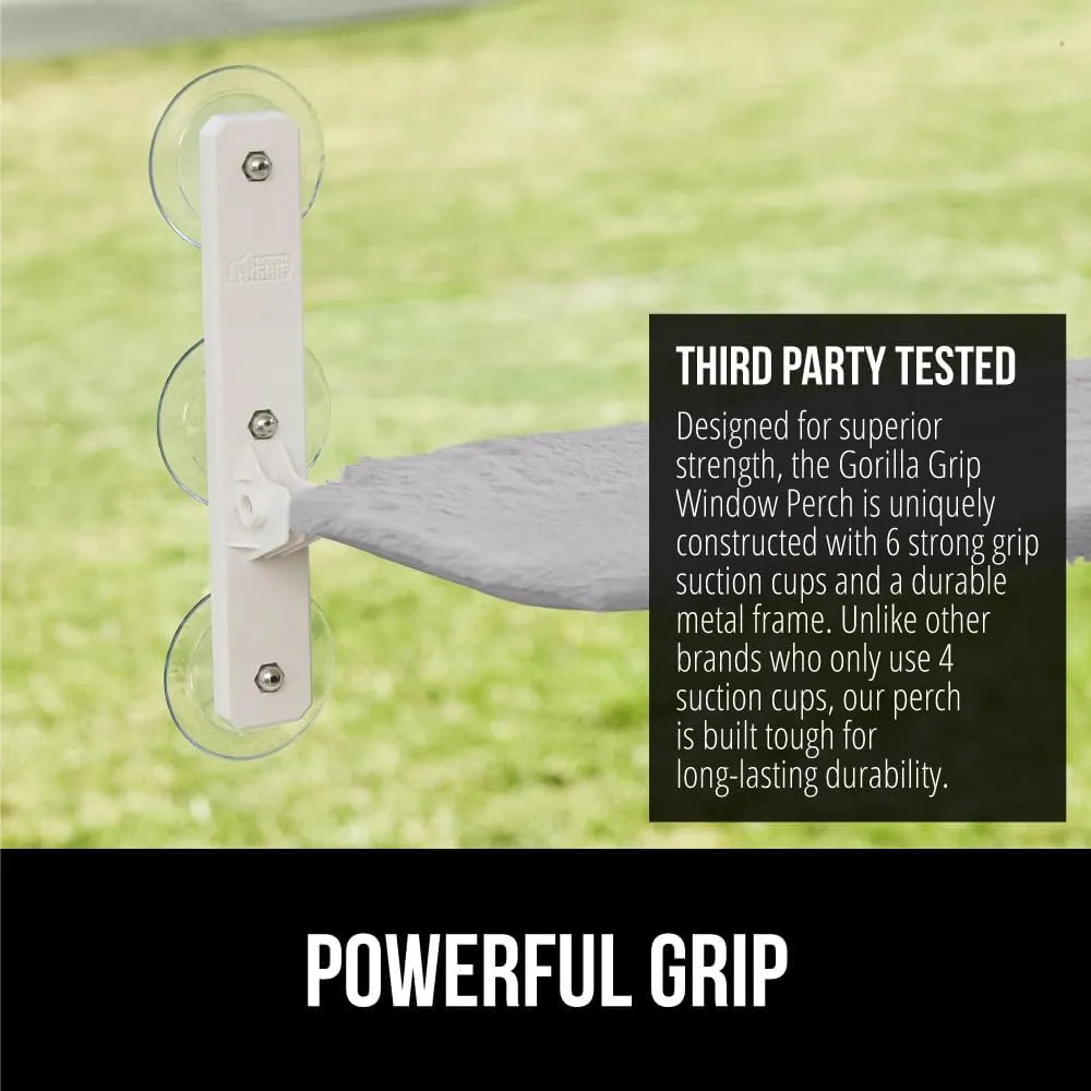 GORILLA GRIP Cat Window Perch, Foldable Cat Window Hammock Bed with 6 Large Suction Cups, Cordless Indoor Wall Shelves, Strong Metal Frame Holds 30lbs, Reversible Washable Sherpa Cover, Medium Gray