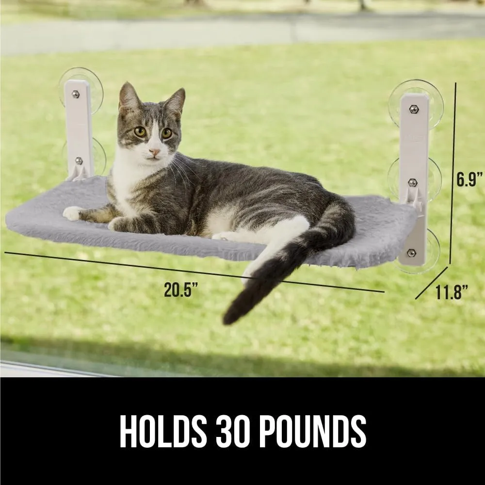 GORILLA GRIP Cat Window Perch, Foldable Cat Window Hammock Bed with 6 Large Suction Cups, Cordless Indoor Wall Shelves, Strong Metal Frame Holds 30lbs, Reversible Washable Sherpa Cover, Medium Gray