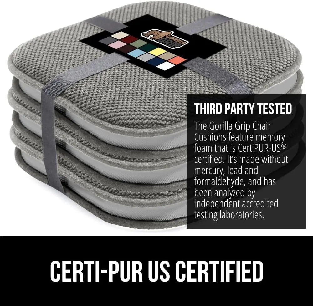 GORILLA GRIP Slip Resistant Chair Cushions, No Ties Required, Memory Foam Pads for Dining Room, Kitchen Table, Office, Rocking Chairs, Plush Seat Cover Cushion Pad, Home Decor, Set of 2, 16x16, Gray