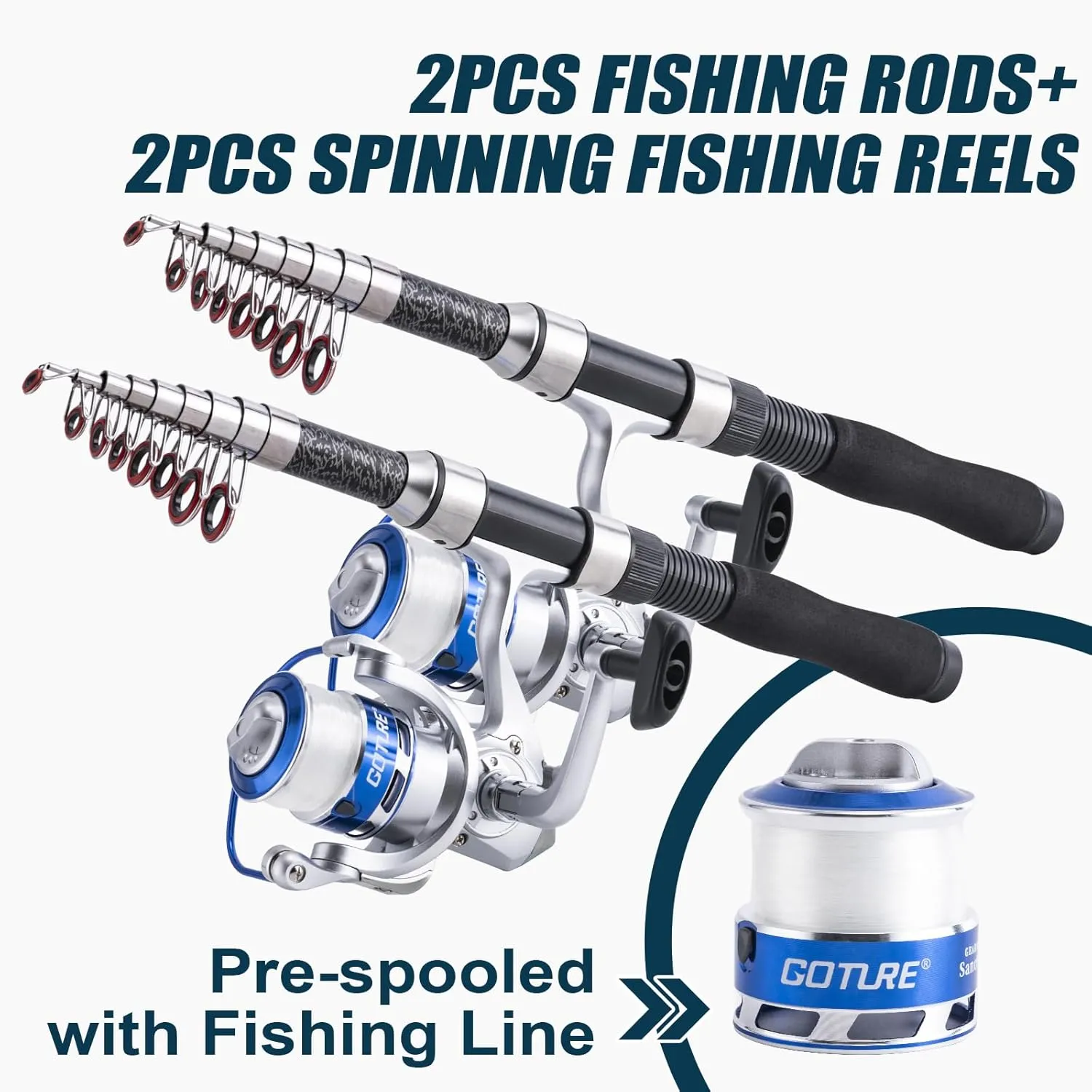 Goture Fishing Rod and Reel Combos-2PCS Telescopic Fishing Pole 2PCS Pre-Loaded Spinning Reels with Carrier Bag,Telescopic Rod Reel Lures Kit for Starter Travel Saltwater Freshwater,Gifts for Men